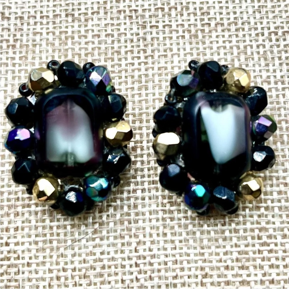 Gorgeous Vintage West Germany Earrings Clip Ons Aurora Borealis Beads Cluster